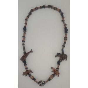 Vintage 36" carved safari animals zebra giraffe cheetah wood bead necklace